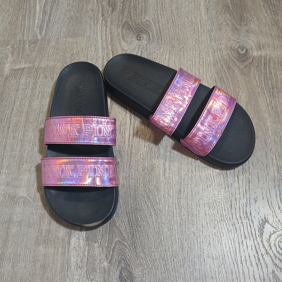 Pink Slide Sandals with Holographic Straps Size 8.5 - Picture 1 of 5